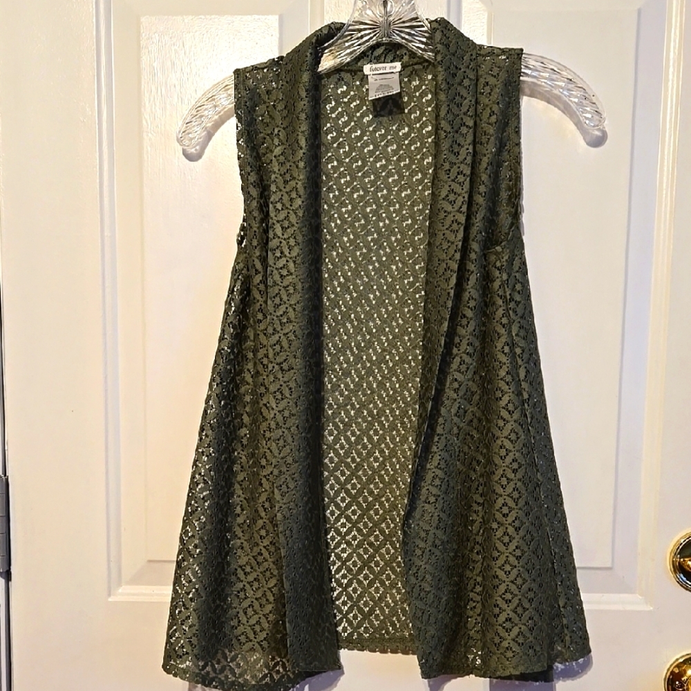 Forever Me, XL, 10/12, Cardigan, Sleeveless, Green, Woven, Vest,  Patterned